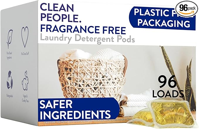 The Clean People Fragrance Free Laundry Detergent Pods - Hypoallergenic Laundry Pods - Ultra Concentrated Recyclable Packaging Stain Fighting - Fragrance Free 96 Pack