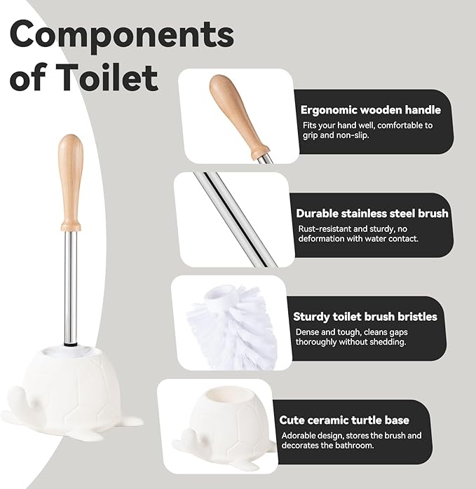 Turtle Base Toilet Brush and Holder Set - Ceramic Toilet Bowl Cleaner Brush DIY-Paintable Toilet Base Bathroom Brush for Home &amp Commercial Use - White