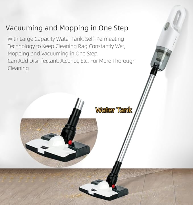 Cordless Stick Vacuum Cleaner and Mop All in One 18000Pa Suction Cordless Wet Dry Vacuum Cleaner with Water Tank Household Upright Vacuum Cleaner and Mop Combo for Hard Floor Pet Hairs (White)