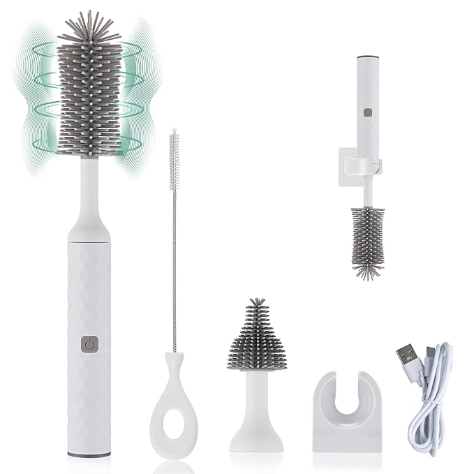 Rechargeable Electric Bottle Brush Cleaner Set with 3 Piece Silicone Baby Bottle Brush Cleaner and Straw Cleaner BrushBPA FreeWaterproofPerfect Baby Registry GiftWhite