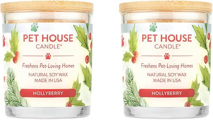 One Fur All Pet House Candle 2 Pack - Plant-Based/Soy- Clean Burning Scented Long Lasting Pet Odor Candle for Home - Hollyberry