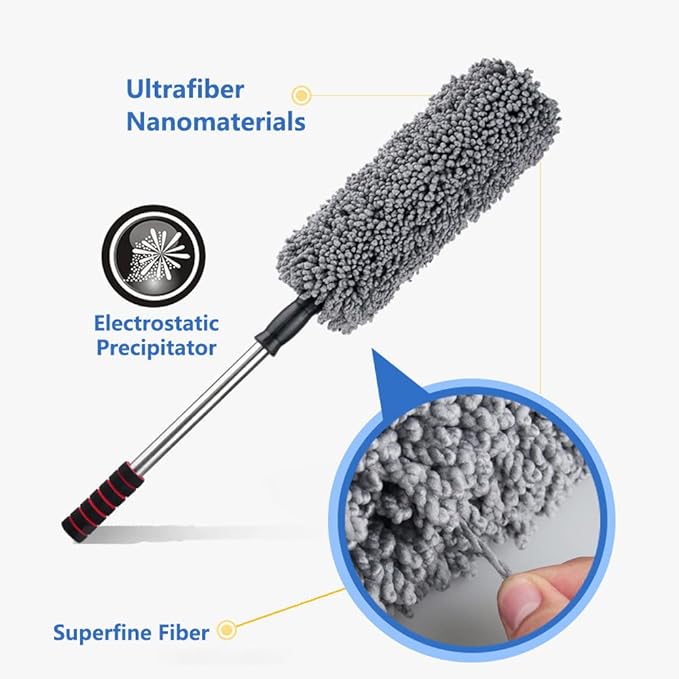 Soft Microfiber Car Duster Long Unbreakable Extendable Handle Dust Cleaning Brush Duster for Car Truck SUV RV and Motorcycle Car Interior Exterior Accessories
