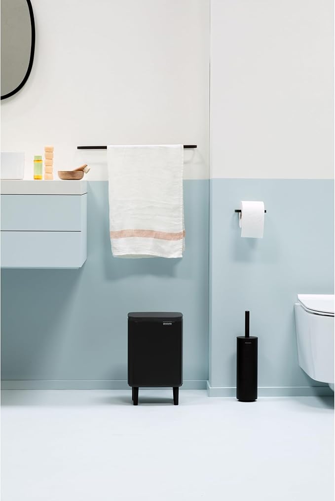 Brabantia Bo Small Lift-Open Trash Can with Raised Legs | 1.8 Gal / 7L | Matt Black | Free Standing Bedroom Bathroom Nursery Trash Can Removable Inner Bucket Non-Slip Feet | + Trash Bags