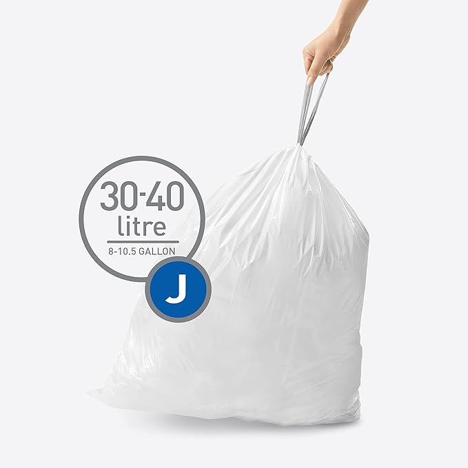simplehuman Code J 200 Count Dispenser Pack Custom Fit Liners Drawstring Trash Bags 30-45 Liter / 8-12 Gallon White