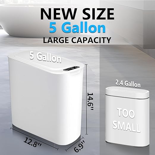 TIPGO 5 Gallon Motion Senor Bathroom Trash Can with Lid Automatic Garbage Can Touchless Smart Plastic Waste Basket for Narrow Spaces Bathroom Office Bedroom Living Room (White)