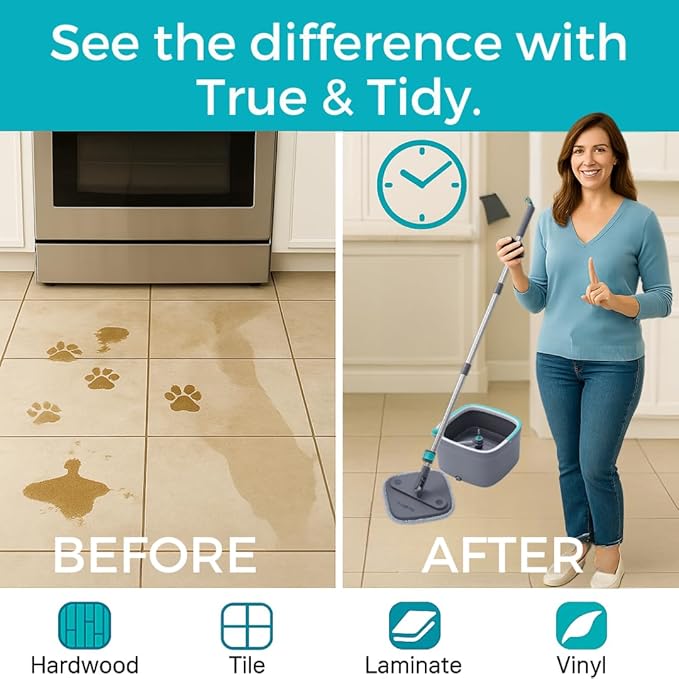 TRUE &amp TIDY Square Spin Mop &amp Bucket System – Dual Chamber for Clean &amp Dirty Water 360° Rotating Self-Wringing Mop with Built-in Scrub Brush Stainless Steel Handle &amp 2 Reusable Micro