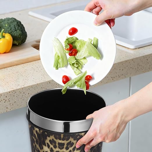 Bathroom Trash Can Recycling Bin Leopard Print Round Waste Basket Office Garbage Can Stainless Steel Trash Container 5L