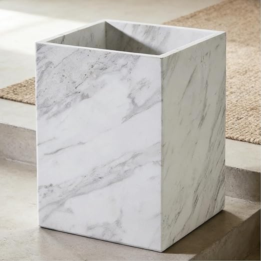 White Marble Wastebasket Natural Rectangular Trash Can Luxury Durable Real Stone Storage Basket Elegant Garbage Container for Bathroom Home Office Living Room