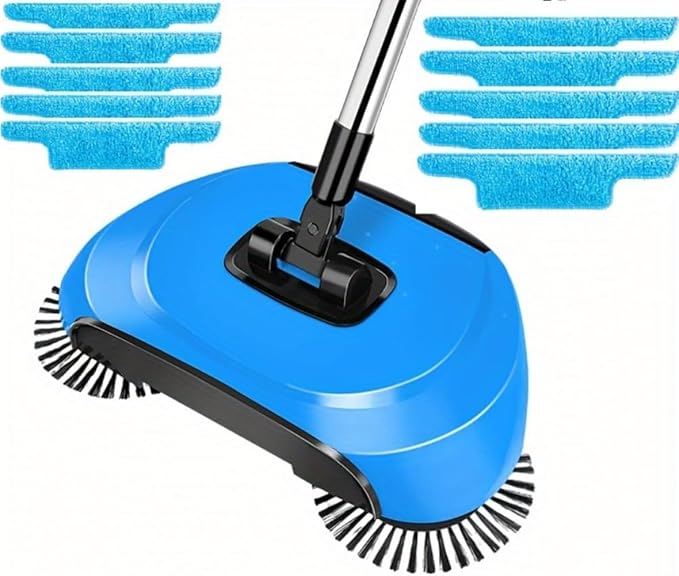 3 in 1 Carpet Sweeper Manual Mini Hand Push Mop 360° Rotating Floor Cleaner for Hardwood &amp Ceramic Tiles Lazy Dustpan &amp Trash Bin Compact Easy Cleaning Tool (Blue)