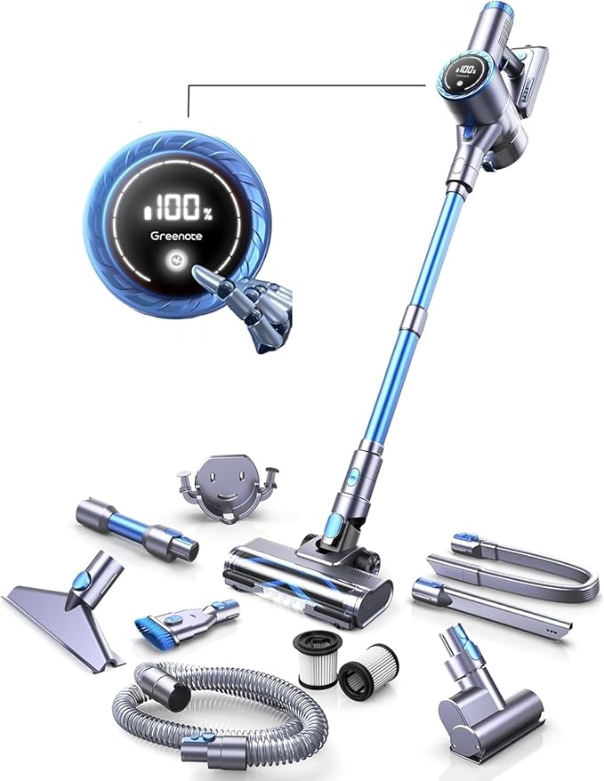 Greenote GSC60 Cordless Vacuum Cleaner 33KPA 10-in-1 Multi-Accessory Vacuum Cleaner Up to 40 Minutes Runtime Control Display with Bed Brush Flexible Extension Hose Large Dust Container