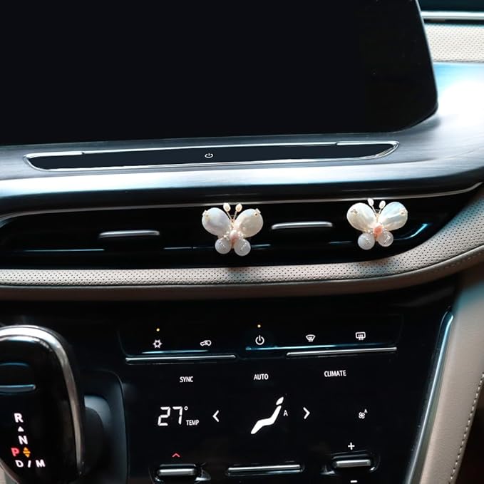 Butterfly Accessories - 2pcs Natural SeaShells Zircon Pearl Butterfly Air Freshener Vent Clips - Handmade Car Vent Decoration Bling Car Accessory for Women Refillable Diffuser