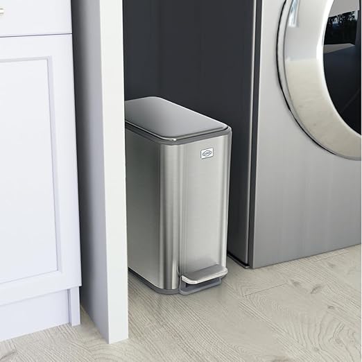Clorox Slim Trash Can - 2.6 Gallon (10 Liter) Small Metal Trash Can with Soft Close Lid Step Pedal Removable Bucket - Stainless Steel Waste Bin for Narrow Spaces Bathroom and Office