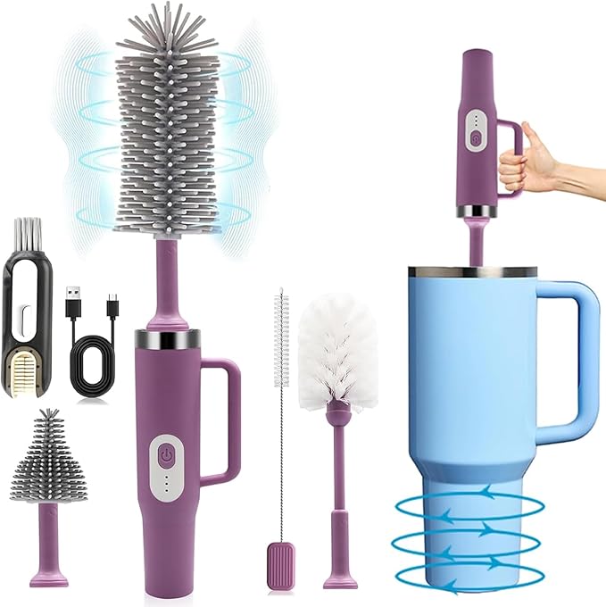 5 in 1 Electric Bottle Brush Cleaner Compatible Stanley Bottle Brush Straw Cleaner Multifunction Rechargeable IPX6 Waterproof Extra Long Design for Stanley Cup Sports Bottle and More (Purple-1)