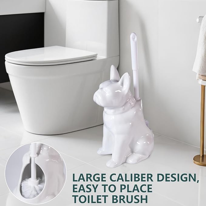 Toilet Brush Holder Set for Bathroom Cute Dog Base Solidly Toilet Bowl Brush Holder and Decorative Bathroom Ceramic Cleaning Kit with Brush and Holder (White)