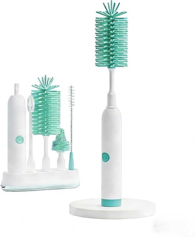 Rechargeable Electric Bottle Brush with Stand - 360° Spin Silicone Cleaner for Baby Bottles Breast Pumps &amp Small Household Containers (Light Green)