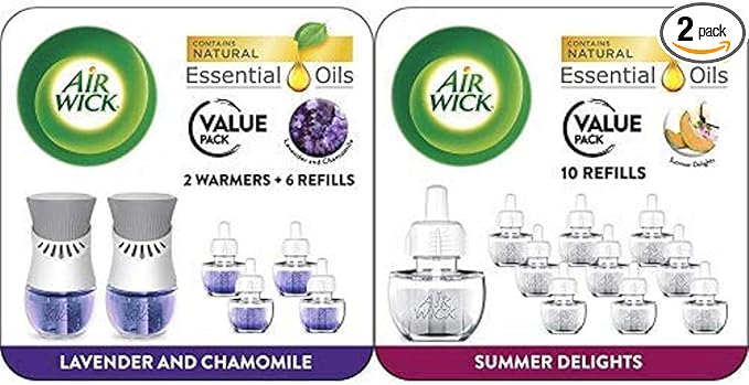 Air Wick Plug in Scented Oil Starter Kit 2 Warmers + 6 Refills Lavender &amp Chamomile Air Freshener and Oil 10 Refills Summer Delights Eco Friendly Essential Oils Air Freshener