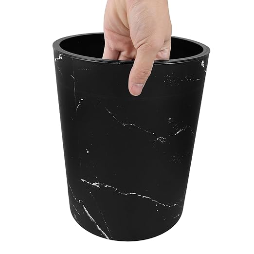 Black Marble Small Wastebasket with Press Ring Plastic Home Office Trash Can for Bathroom Storage and Recycling