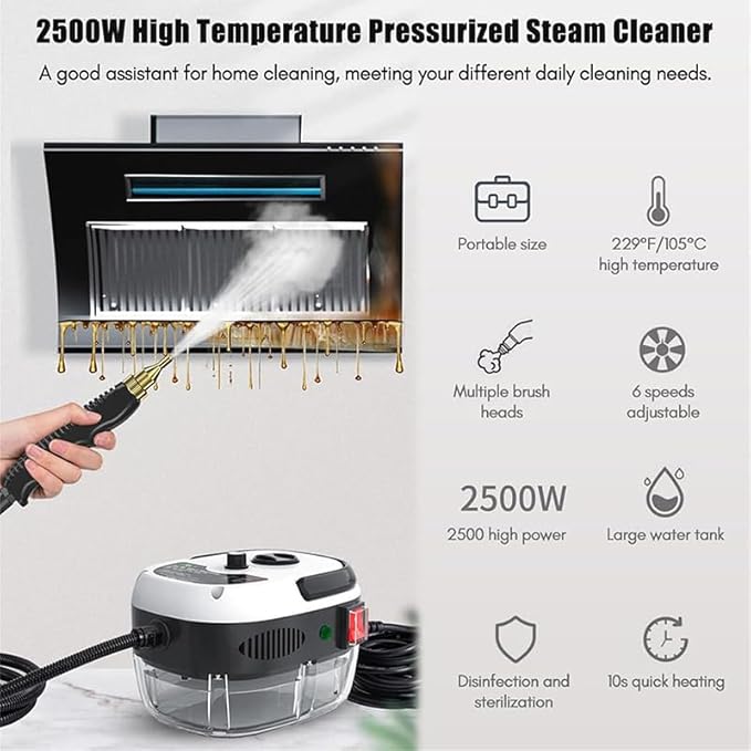 2500W Handheld Steam Cleaner High Pressure Portable Steamer with 3 Brushes Steam Cleaner for Home Kitchen Bathroom Car Furniture Floors (White - Regular Edition)