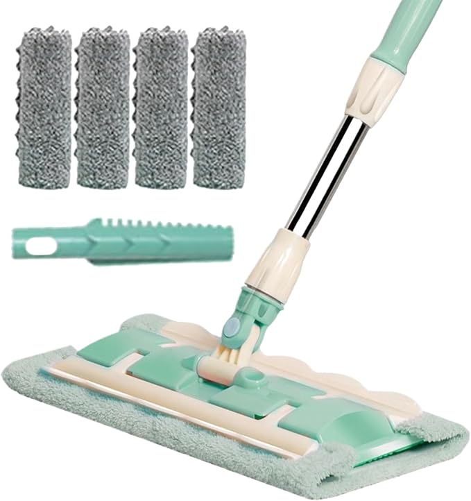 Floor Mop – Reusable Mop with 4 Washable Pads &amp Dust Scraper | 360° Rotatable Telescopic Cleaning Tool for Tile Wood Kitchen &amp Bathroom Floor