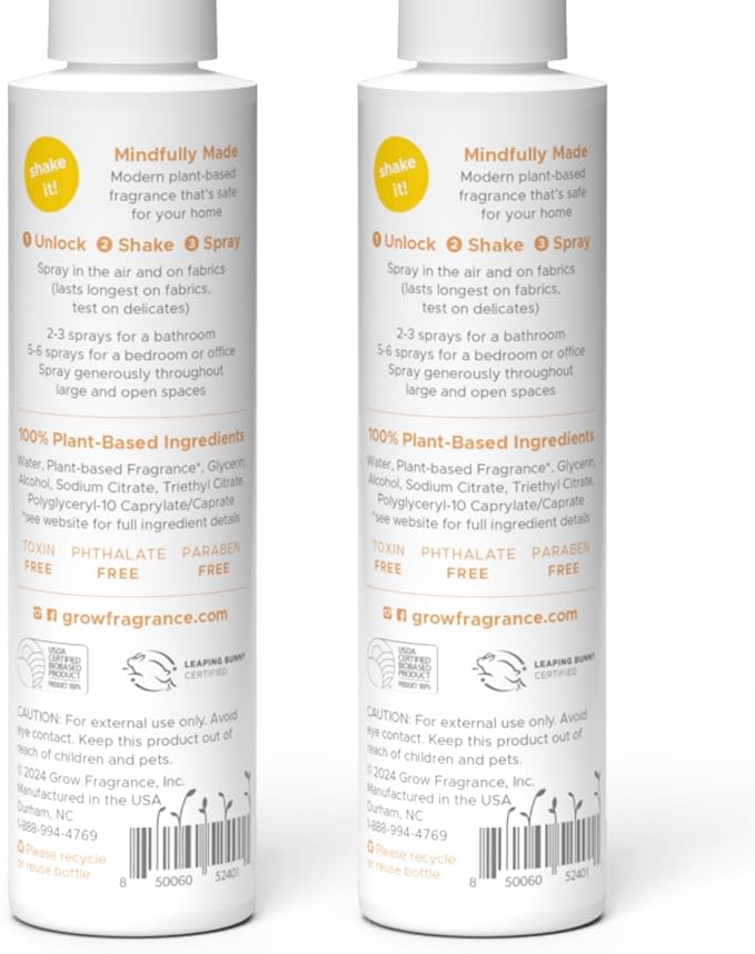 Grow Fragrance 100% Plant-Based Air Freshener Spray | Freshen Fabric &amp Rooms | Golden Grove Scent - Citrus Fruits Watery Green Notes | Made with Natural Essential Oils - 2 Pack 5 oz each