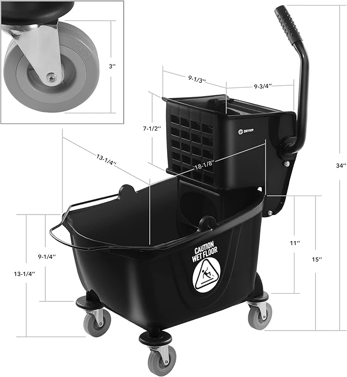 Dryser Commercial Mop Bucket with Side Press Wringer 26 Quart Black