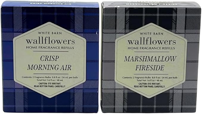Bath &amp Body Works Wallflowers Refills Autumn Fragrance 4-Bulb Bundle – Marshmallow Fireside &amp Crisp Morning Air Gift Set with 30-Inch Metallic Silver Ribbon Bow – 2-Pack Each Box
