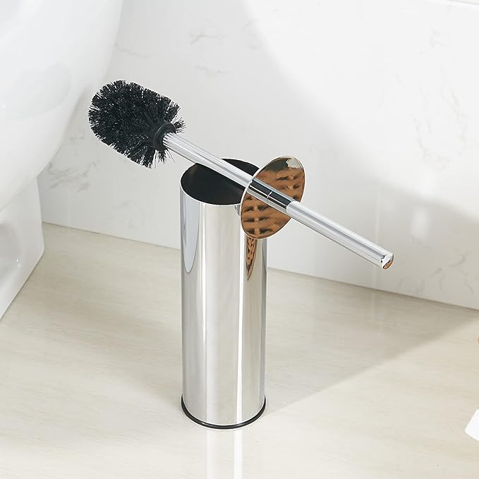 Toilet Brush and Holder Set Chrome Stainless Steel 304 Heavy Duty Round Toilet Brush Set – Rust Resistant Long Handle Replacement Heads Floor Standing Bathroom Toilet Cleaning Brush