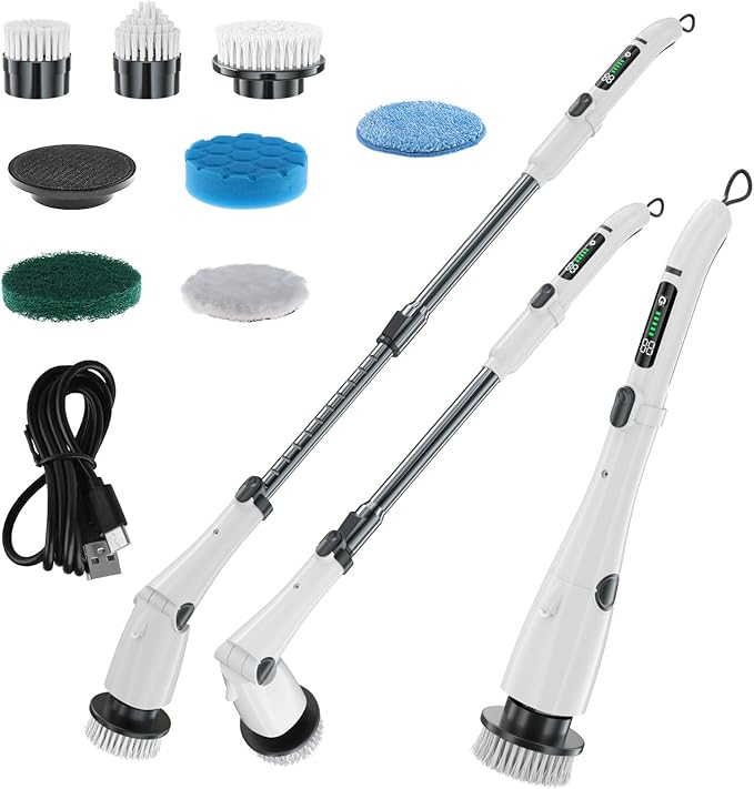 APLUSH Electric Spin Scrubber IPX7 Waterproof Cordless Bathroom Cleaner Brush Shower Scrubber with Adjustable Extension Handles 2 Speed Cleaning Brush for Tub Shower Tile FloorWhite