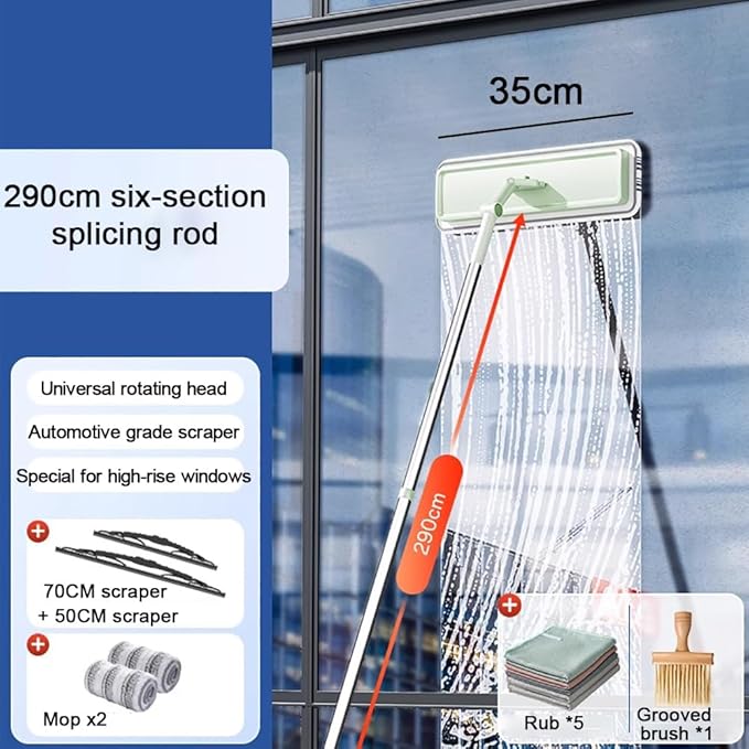 Multifunctional Window Cleaning Wiper with 290Cm Stainless Steel Extension Pole and Rubber Scraper Blade 180° Rotatable Window Cleaning Tool Kit Car Glass Washing EquipmentD
