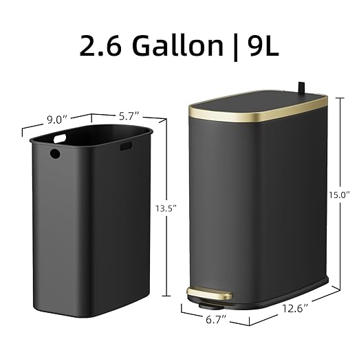 KUK Small Bathroom Trash Can with Lid Soft Close Step Pedal 2.6 Gal Stainless Steel Garbage Can with Removable Inner Bucket Anti-Fingerprint Wastebasket for Office Bedroom Toilet (Black)