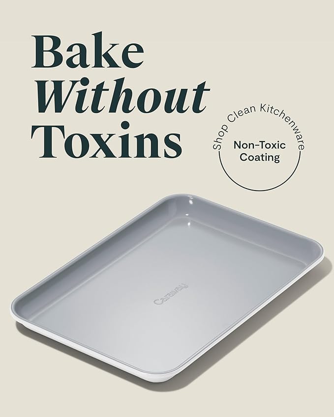 Caraway Nonstick Ceramic Small Baking Sheet Duo (9x13”) – Non-Toxic PTFE &amp PFOA Free – Oven Safe – Aluminized Steel Core – Mini Sheet Pan for Baking Roasting &amp More - White
