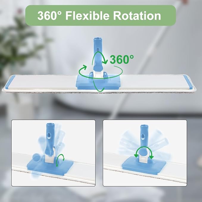 CQT Commercial Flat Microfiber Floor Mop Cleaning System 24 Inch Wet Dry and Dust Hardwood with 4 Washable Pads Cleaner for Laminate Tile Stainless Steel Handle and Extension (Blue)