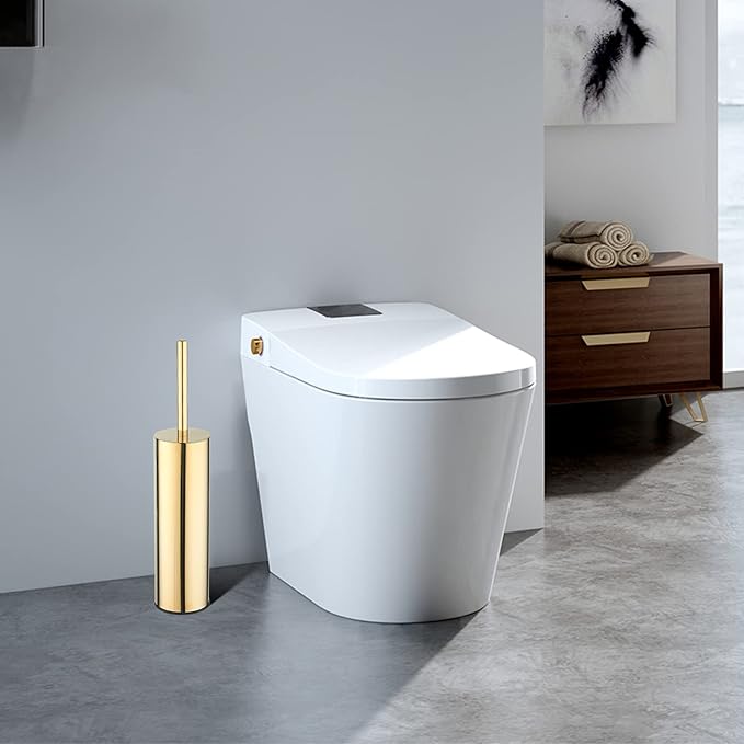 Toilet Brush and Holder Set Gold Stainless Steel 304 Heavy Duty Round Toilet Brush Set – Rust Resistant Long Handle Replacement Heads Floor Standing Bathroom Toilet Cleaning Brush