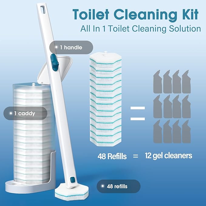 Disposable Toilet Brush with 48 PCS Refills Disposables Toilets Cleaning System with Handle Storage Caddy and 48Toilet Bowl Refill Heads for Bathroom Cleaning