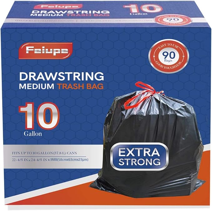 10 Gallon Drawstring Trash Bag Garbage Bag Trash Can Liner0.9 Mil90 Count (Black 10 Gallon)