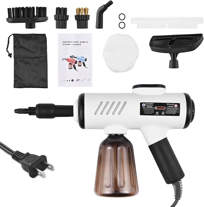 1500W Portable Handheld Steam Cleaner 10s Quick Heat 3-Temp Adjustable - Deep Cleaning Machine with 600ml Tank 3 Brushes Bent Nozzle Window Scraper Storage Bag 5.2ft Cord (US plug)