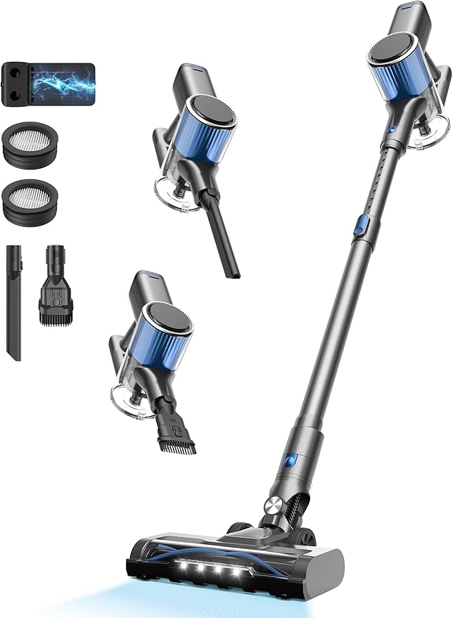 Cordless Vacuum Cleaner 580W/50Kpa/50Mins Stick Vacuum for Home LED Touch Screen Anti-Tangle Wall Mount Charging Lightweight Rechargeable Vacuum for Carpet Pet Hair Hardwood Floor Blue