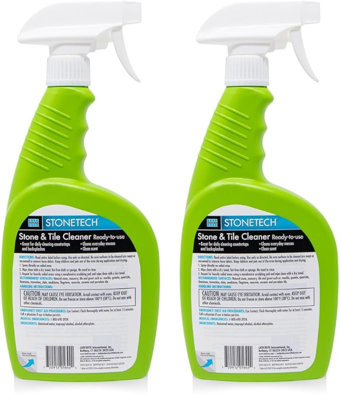 StoneTech Stone &amp Tile Cleaner Spray – Daily Cleaner for Granite Marble Ceramic Porcelain &amp Stone – Removes Spills Dirt &amp Grease – pH Neutral - 2-Pack 24oz each + 2 Microfiber Cloths