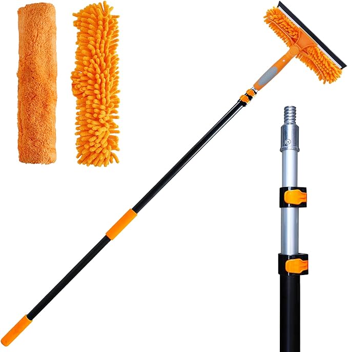 20 Ft+ Reach 2 In 1 Window Squeegee Duster with 5-to-12 Foot Extension Pole Cleaner Tool with 3-Stage Telescoping Pole Cleaning Kit with Rotatable Head - Chenille Cloth + Microfibre Cloths Head