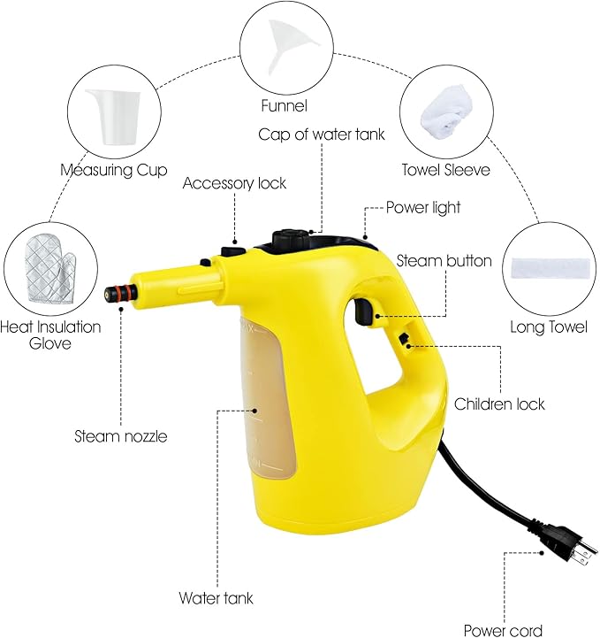 COSTWAY Handheld MultiPurpose Steam Cleaner with 17 Pieces 350ml Large Capacity Steam Mop Continuous Fill water Portable Chemical-Free Steamer for Home Use Floors Windows 1400W Yellow