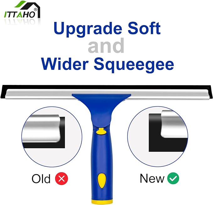 ITTAHO Squeegee for Window Cleaning12 Squeegee and 11 Microfiber Scrubber Combi with Stainless Steel PoleExtendable Window Cleaner for CarSliding DoorShower Glass Door-Swivel Style-2 Pads