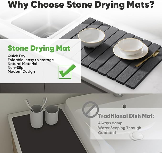 Stone Dish Drying Mat for Kitchen Counter - 24 x 16 Ultra Absorbent Diatomaceous Earth Mat Fast Drying &amp Foldable Countertop Protector Non-Slip Eco-Friendly Stone Mat for Dishes