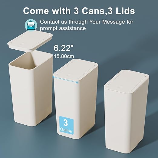 N. NETDOT 3 Pack Small Trash Can with lid 3 Gallon Bathroom Trash CanGarbage Can Slim Trash Bin Waste Basket for BathroomKitchenBedroomLiving RoomOfficeLaundry - Off White