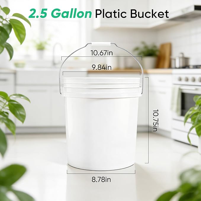 2.5 Gallon Bucket for Cleaning Small Extra Thick Plastic Bucket with Metal Handle Food Grade BPA Free (White 3 Pack No Lid)