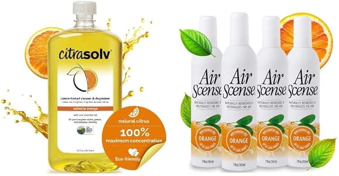 Citra Solv &amp Air Scense | Special Bundle | Concentrated Cleaner &amp Degreaser 32 oz| Essential Oil Air Freshener Orange 4 PK| Household Cleaner Non-Aerosol | Valencia Orange Oil