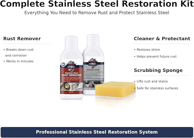 CLEAN MY STEEL – Stainless Steel Rust Stain Remover Kit with Protector – Fast Acting for Commercial Equipment Rust Cleaner for Appliances Grills &amp More – Food-Safe Stainless Steel Cleaner (4 oz)