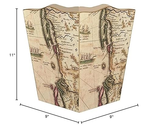 Marye-Kelley-Antique New England Map Wastepaper Basket Decoupage Wood Decorative Wastebasket for Kitchen Bathroom Bedroom Living Room Handmade Made in The USA