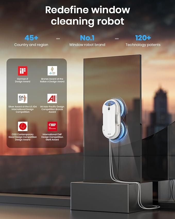BNZ Smart Window Cleaning Robot Twin Turbo &amp Dual Auto-Spray Window Cleaner with Multiple Safety System AI Path Planning Frameless Edge Detection K1 (White)