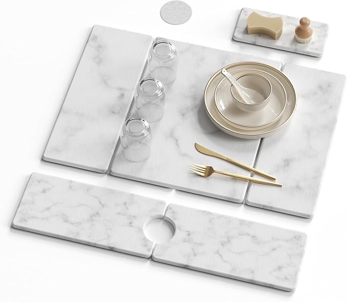 3 PCS Large Stone Dish Drying Mat for Kitchen Counter -24x16 Absorbent Diatomaceous Earth Mat with Stone Faucet Mat &amp Soap Tray - Quick Dry Collapsible Non-Slip Countertop Organizer