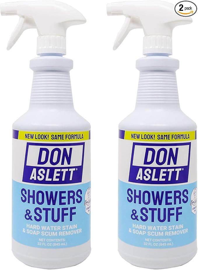 Don Aslett Showers and Stuff (32 Oz Spray Bottle Pack of 2) Hard Water Stains and Soap Scum Remover | Cleans Bathroom Rust Grout Tile Lines Fiberglass Tub Glass Shower Door Surfaces